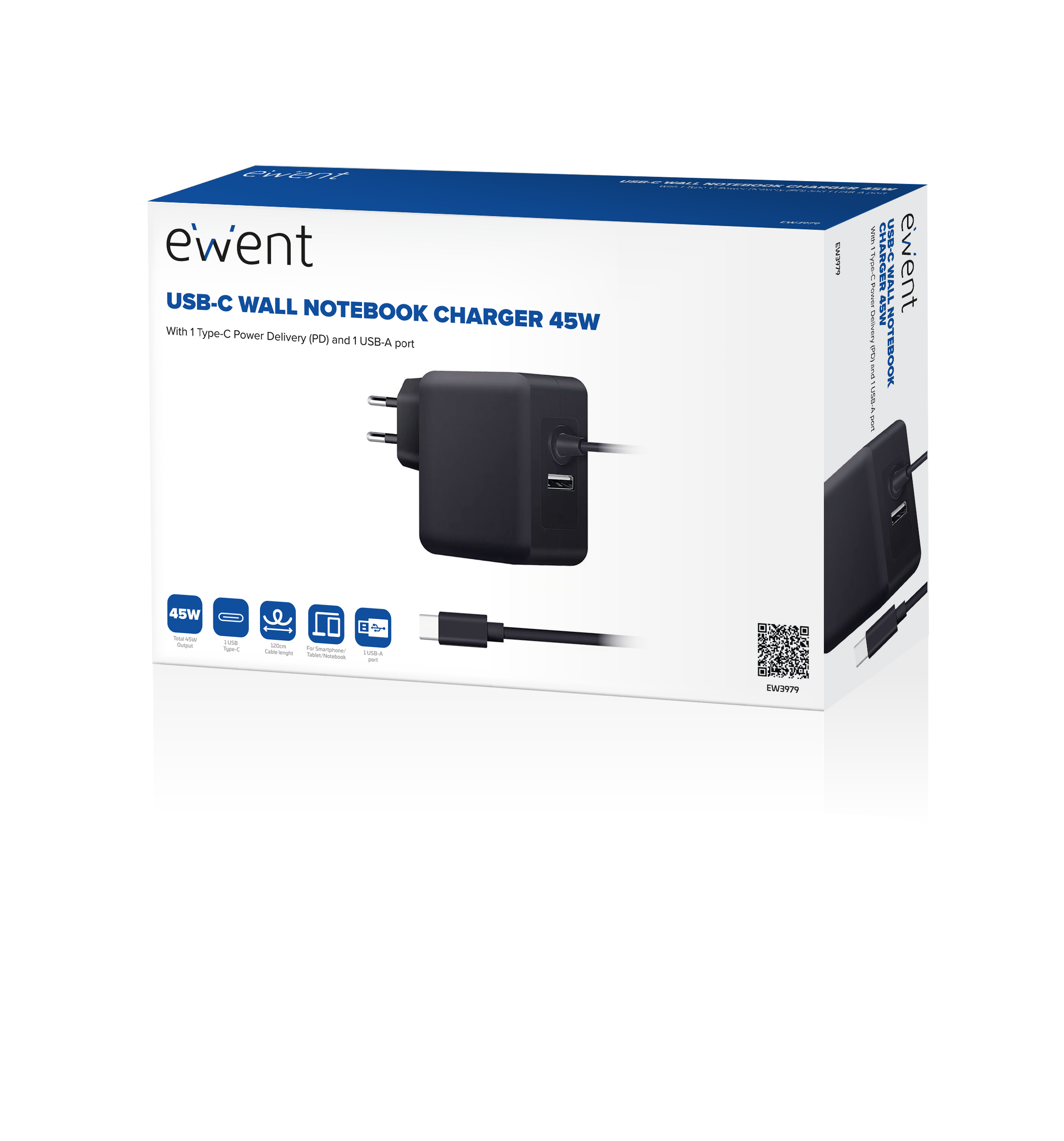 Ewent - Carregador de Portátil Ewent USB-C + 1-Porta USB-A PD 45W Preto