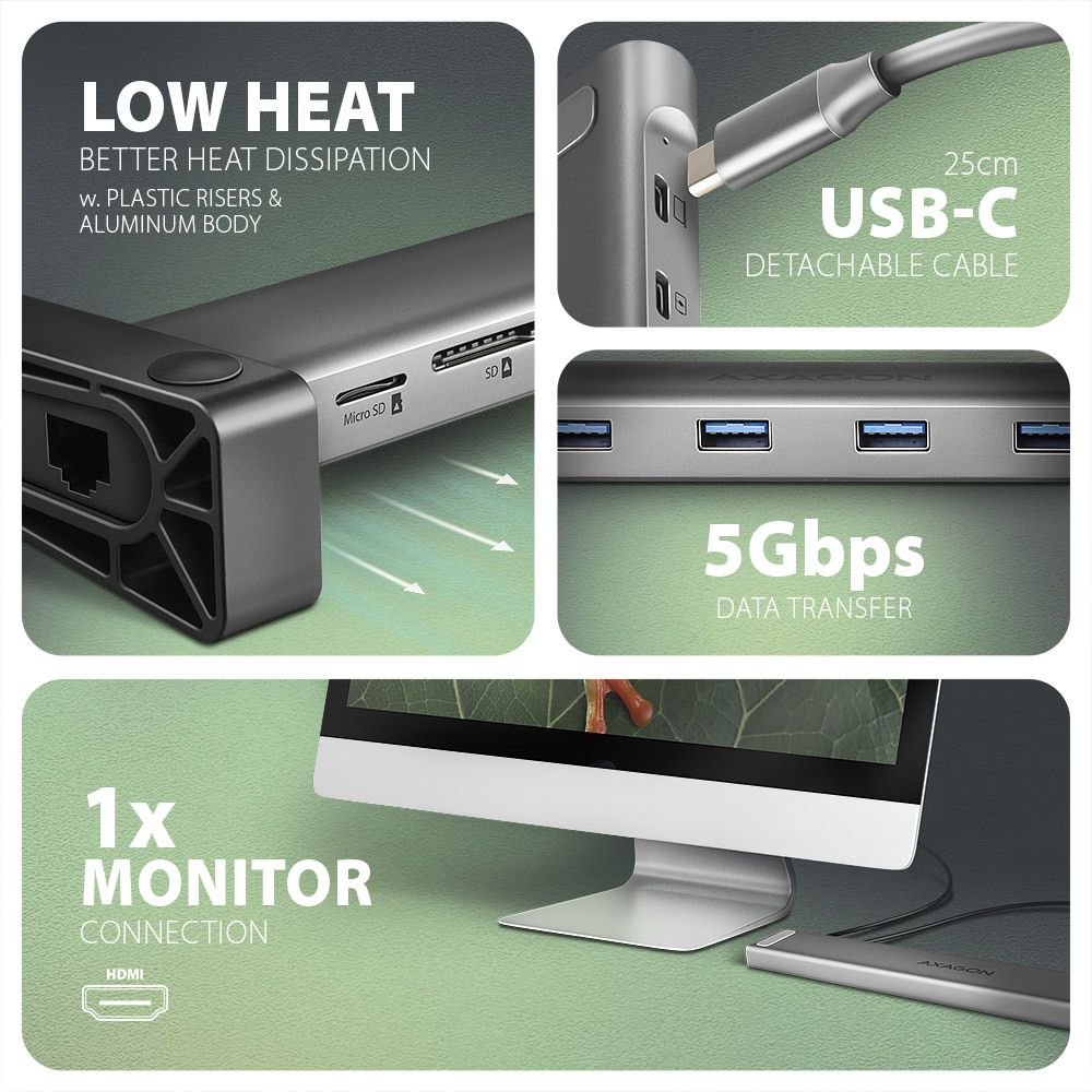 AXAGON - HUB USB AXAGON HMC-10HLS, USB 5Gbps hub, 4x USB-A, HDMI 4K/60Hz, RJ-45, SD/microSD, PD 100W