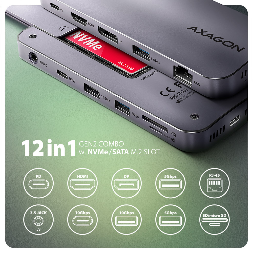 AXAGON - Multiport-Hub AXAGON HMC-12GM2 USB-C 3.2 Gen 2 hub w. M.2 SATA/NVMe + HDMI + DP + 3x USB-A + USB-C + RJ-45 + SD/mSD + audio + PD 100W