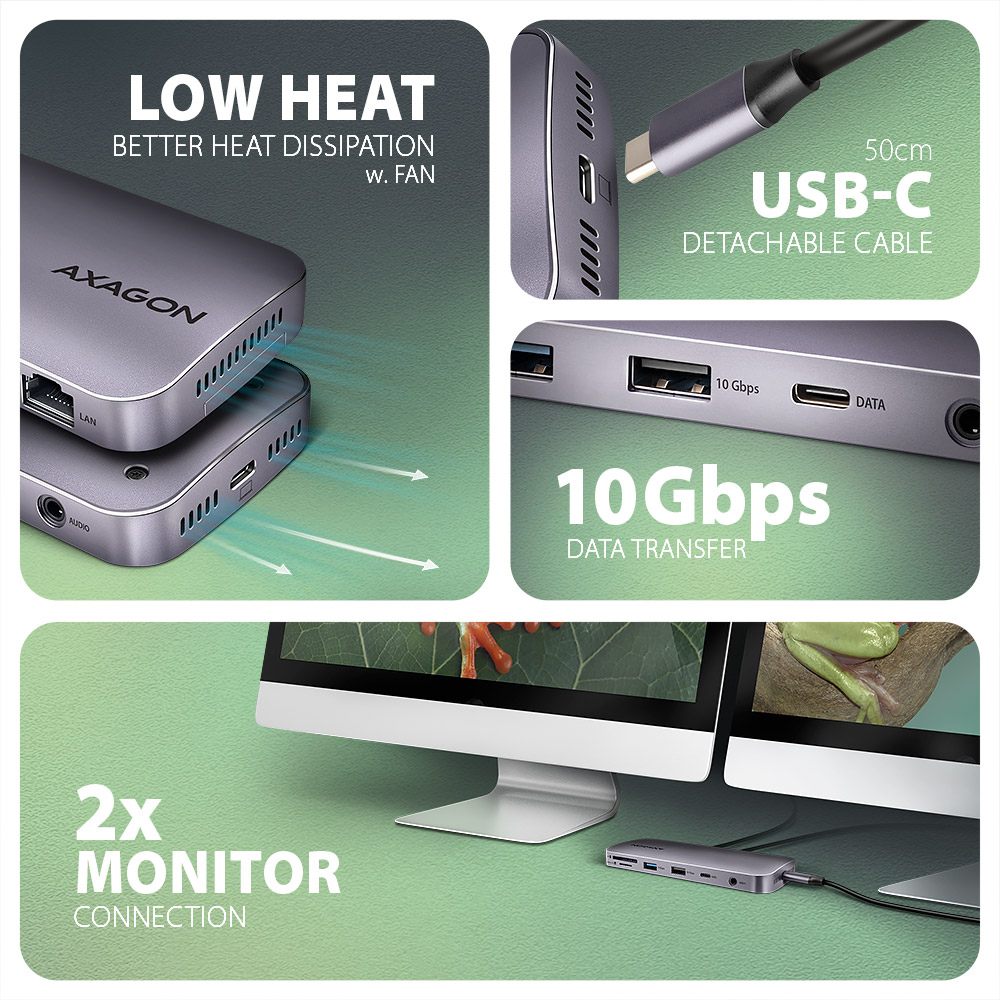 AXAGON - Multiport-Hub AXAGON HMC-12GM2 USB-C 3.2 Gen 2 hub w. M.2 SATA/NVMe + HDMI + DP + 3x USB-A + USB-C + RJ-45 + SD/mSD + audio + PD 100W