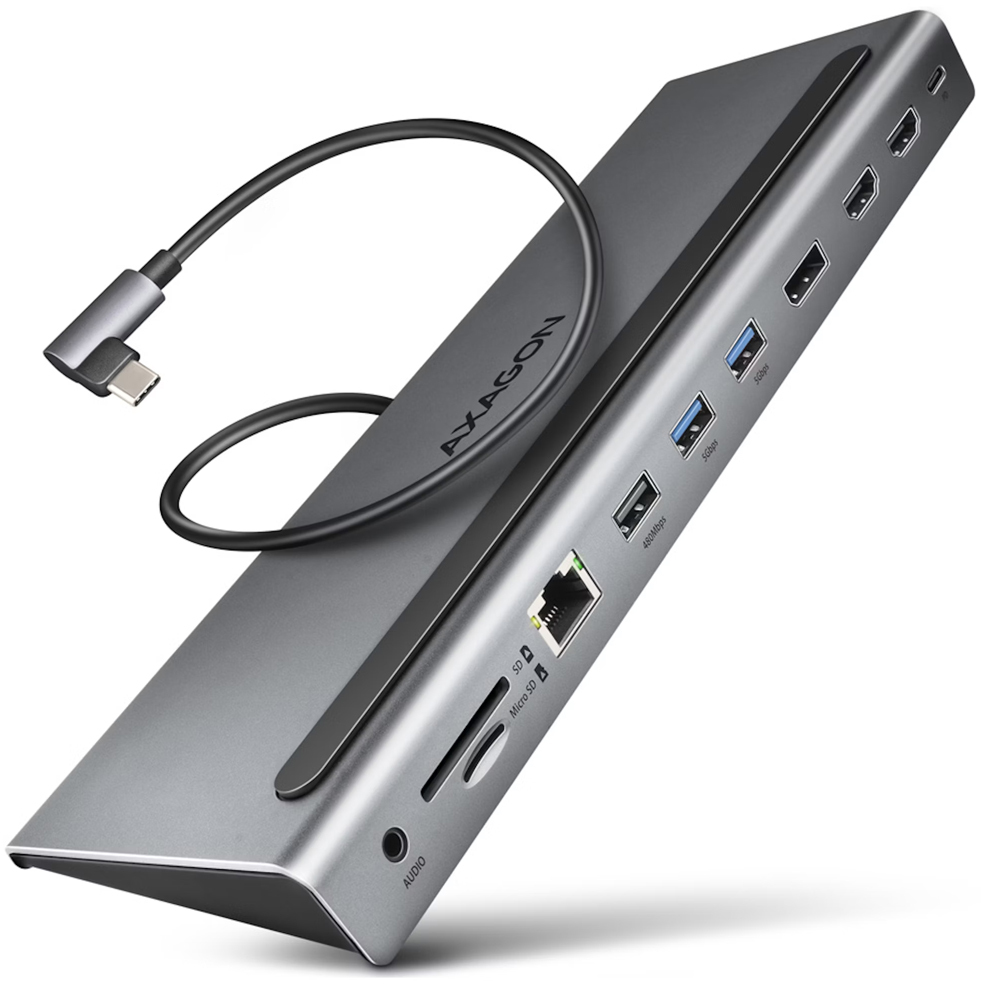 ** B Grade ** Multiport-Hub AXAGON HMC-4KX3 USB 3.2 Gen 1 hub, DP + 2x HDMI + GLAN, PD, 3x USB-A ports, Memory Card Reader e Audio Output