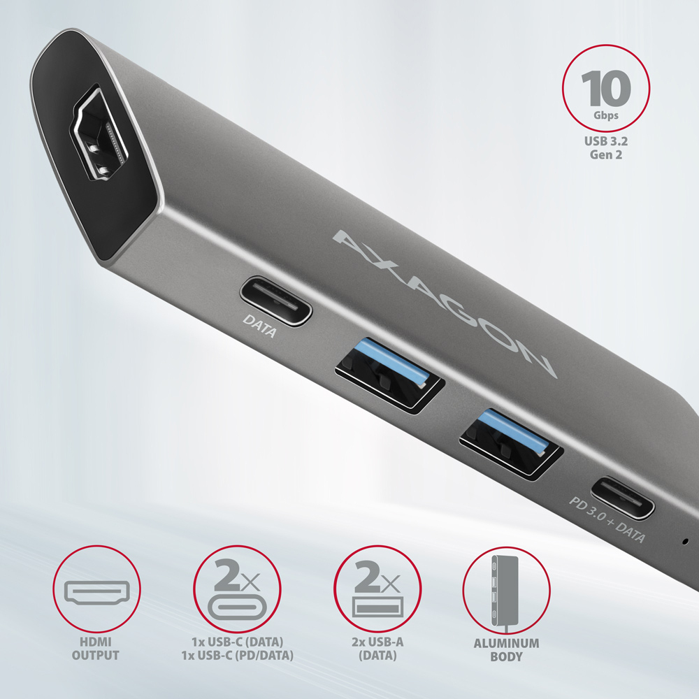 AXAGON - HUB USB-C AXAGON HMC-5G21 2x USB-A + 2x USB-C + HDMI, USB-C 3.2 Gen 2 10Gbps, PD 60W