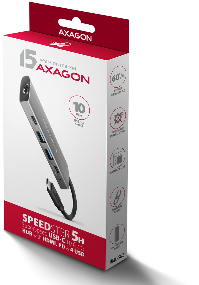AXAGON - HUB USB-C AXAGON HMC-5G21 2x USB-A + 2x USB-C + HDMI, USB-C 3.2 Gen 2 10Gbps, PD 60W