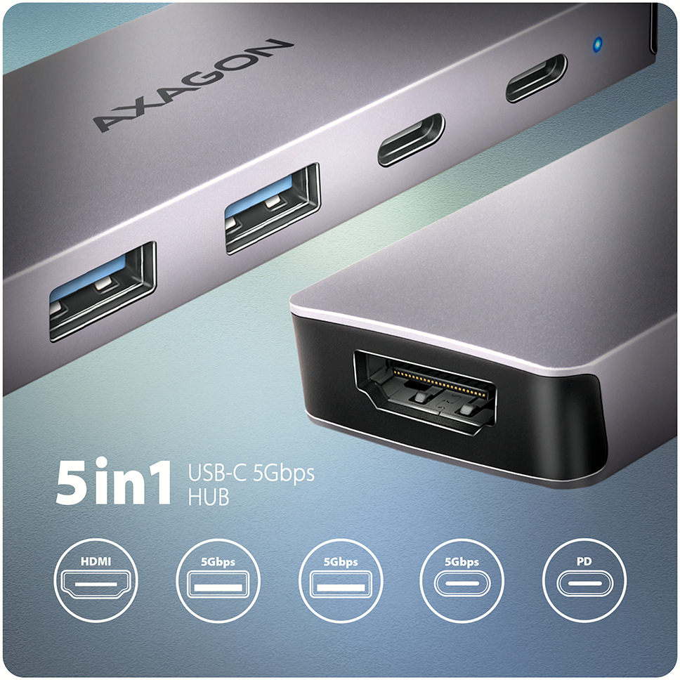 AXAGON - HUB USB-C AXAGON HMC-5H60 USB-C 3.2 Gen 1 hub, 2x USB-A, 1x USB-C, 4K 60Hz HDMI, PD 100W