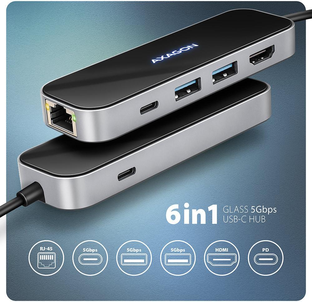 AXAGON - Multiport-Hub AXAGON HMC-6GLN 2x USB-A 5Gbps, 1x USB-C 5Gbps, 4K/60Hz HDMI, RJ-45, USB 3.2 Gen 1 hub, PD 100W, 20cm USB-C cable