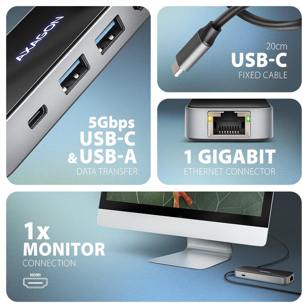 AXAGON - Multiport-Hub AXAGON HMC-6GLN 2x USB-A 5Gbps, 1x USB-C 5Gbps, 4K/60Hz HDMI, RJ-45, USB 3.2 Gen 1 hub, PD 100W, 20cm USB-C cable