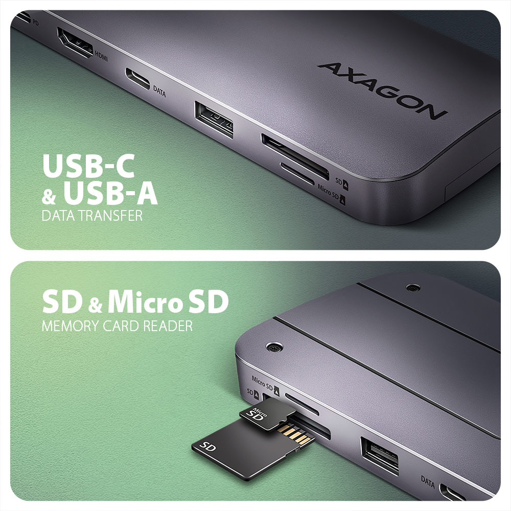 AXAGON - Multiport-Hub AXAGON HMC-6GM2 USB-C 3.2 Gen 2 M.2 SATA/NVMe + HDMI + 1x USB-A + 1x USB-C + CR + PD 100W