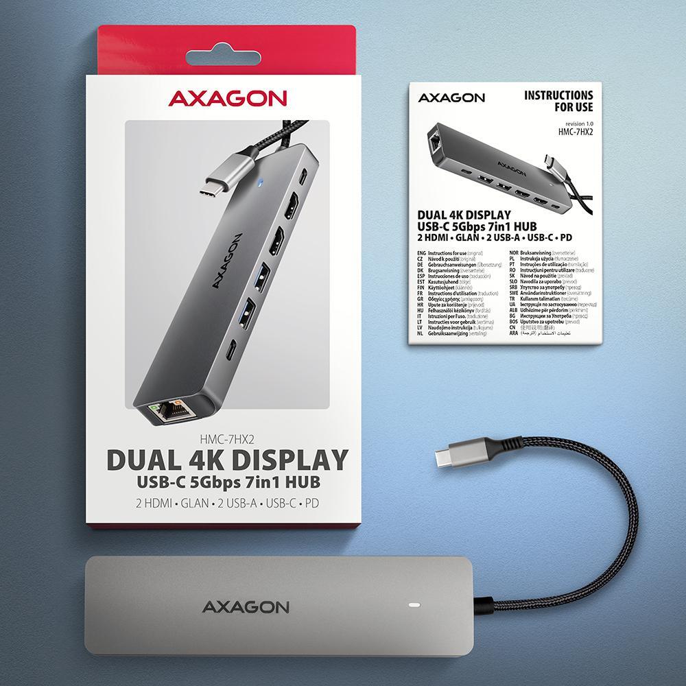 AXAGON - Multiport-Hub AXAGON HMC-7HX2 USB-C 3.2 Gen 1 hub, 2x USB-A + 1x USB-C, 2x HDMI 4K 60Hz, GLAN, PD 100W, 15cm USB-C cable