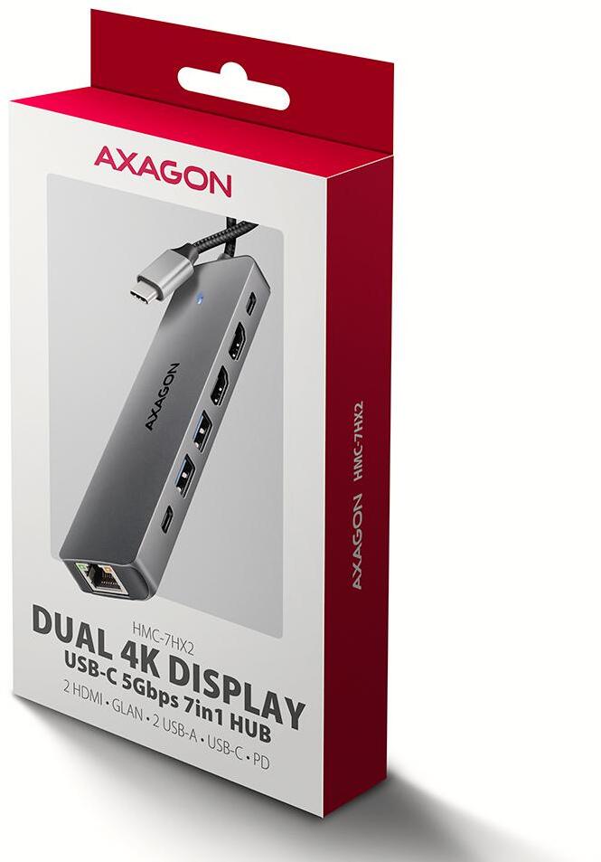 AXAGON - Multiport-Hub AXAGON HMC-7HX2 USB-C 3.2 Gen 1 hub, 2x USB-A + 1x USB-C, 2x HDMI 4K 60Hz, GLAN, PD 100W, 15cm USB-C cable