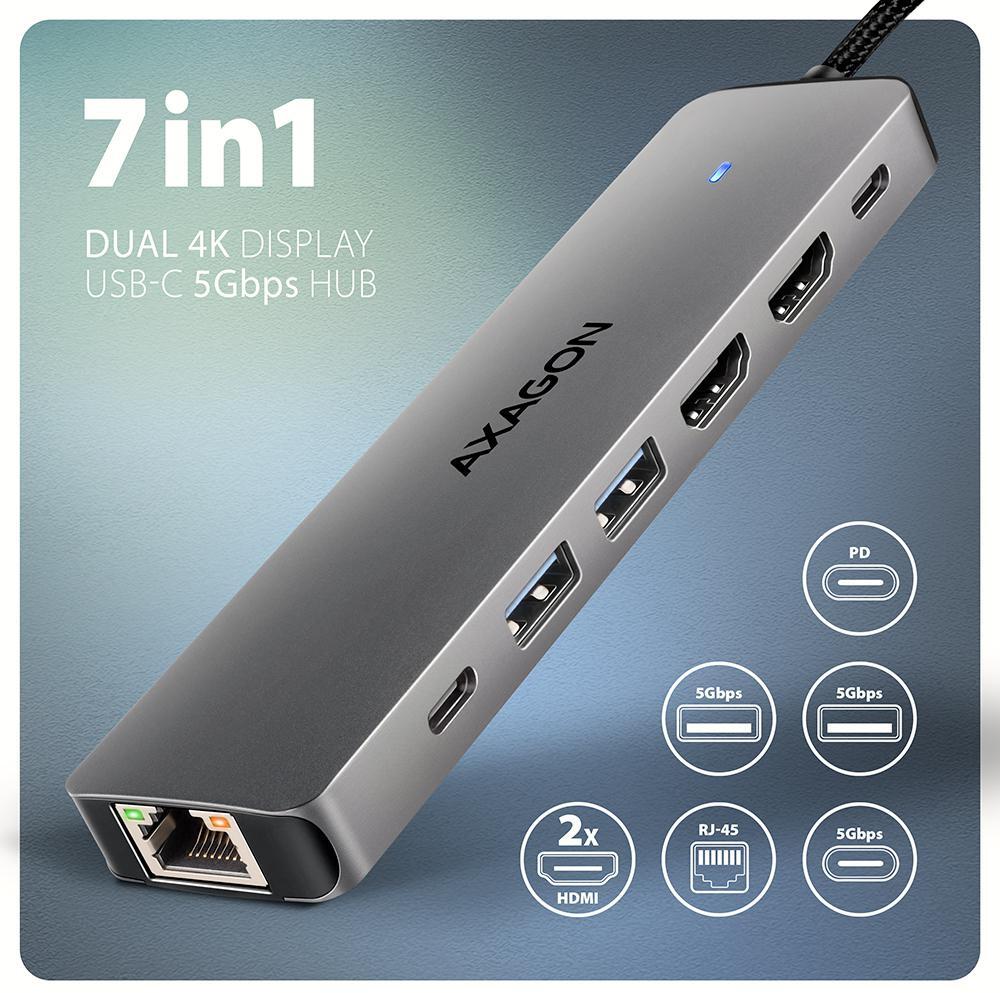 AXAGON - Multiport-Hub AXAGON HMC-7HX2 USB-C 3.2 Gen 1 hub, 2x USB-A + 1x USB-C, 2x HDMI 4K 60Hz, GLAN, PD 100W, 15cm USB-C cable