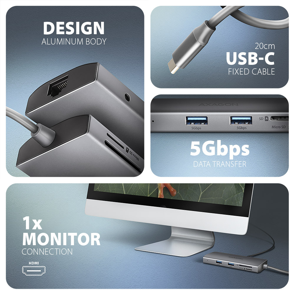 AXAGON - HUB USB-C AXAGON HMC-8HLSA USB-C 3.2 Gen 1 hub, 3x USB-A + 4K/30Hz HDMI + SD/microSD, GLAN, Audio, PD 100W