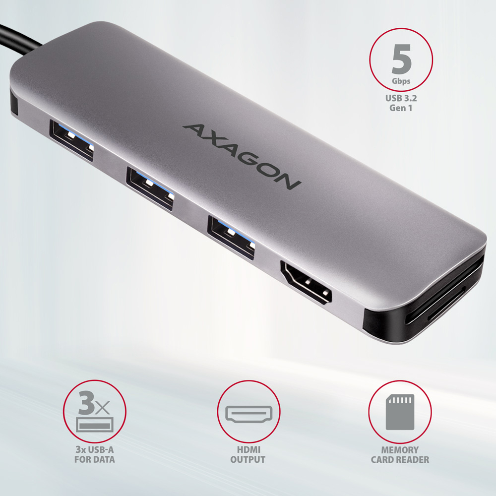 AXAGON - HUB USB-C AXAGON HMC-HCR3A 3x USB-A + HDMI + SD/microSD, USB-C 3.2 Gen