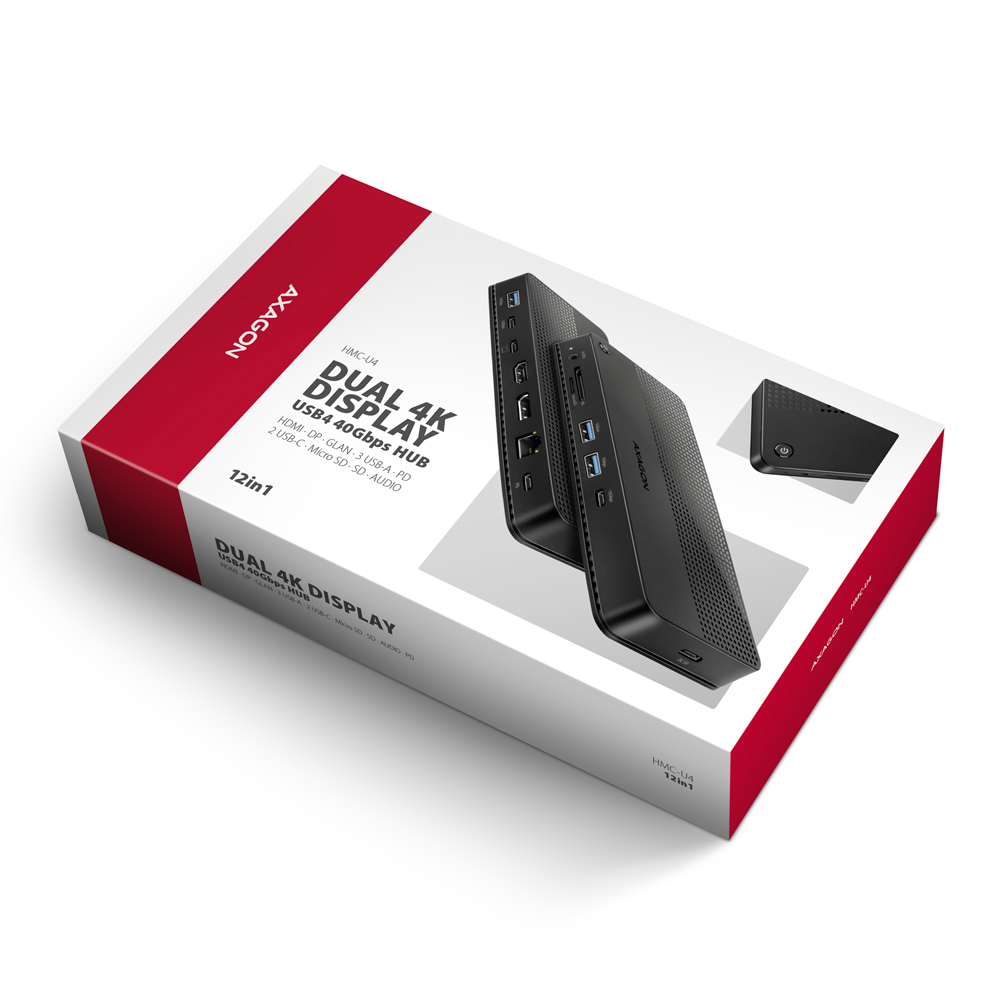 AXAGON - AXAGON HMC-U4 USB4 dock, 3x USB-A, 2x USB-C, HDMI & DP 8K/30Hz, RJ-45, SD/mSD, audio, PD