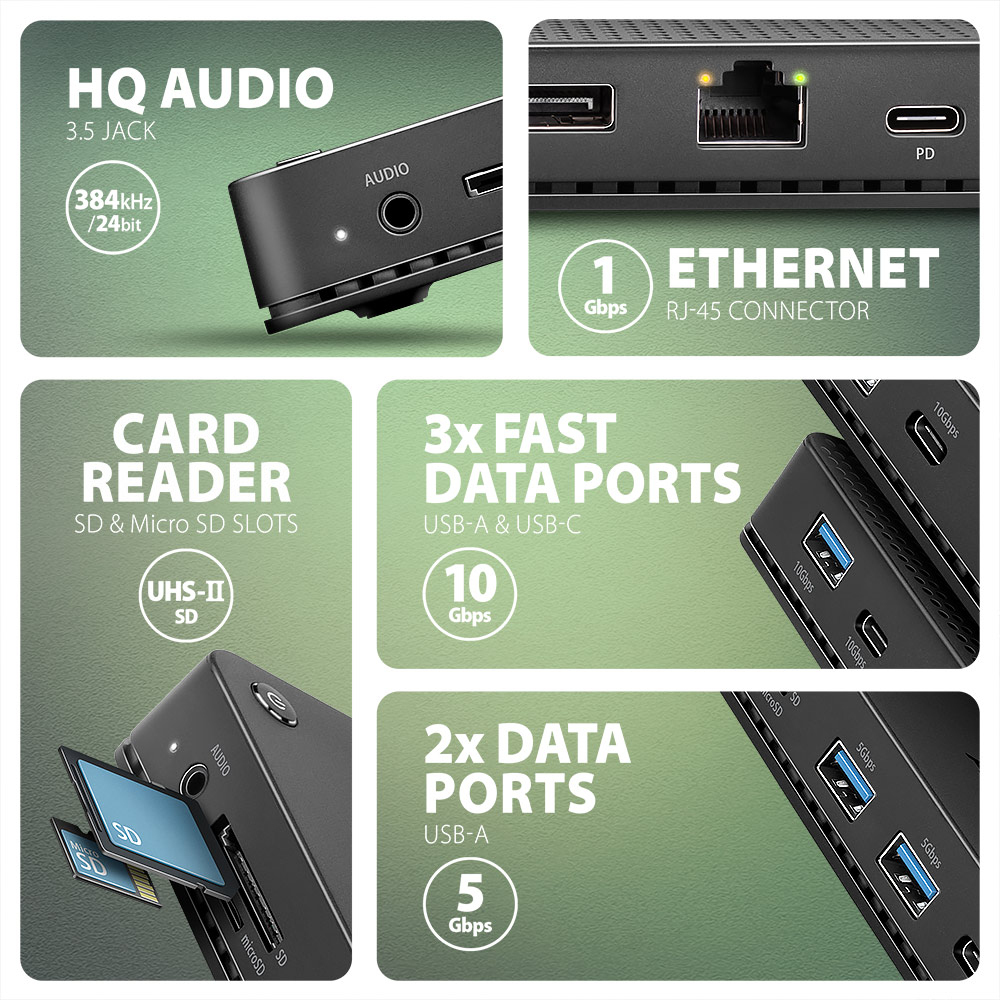 AXAGON - AXAGON HMC-U4 USB4 dock, 3x USB-A, 2x USB-C, HDMI & DP 8K/30Hz, RJ-45, SD/mSD, audio, PD