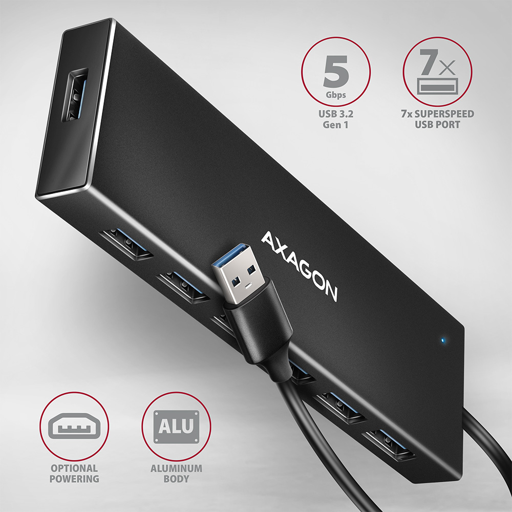 AXAGON - HUB USB AXAGON HUE-F7A 7x USB 3.2 Gen 1 ALU FLAT, micro USB power IN