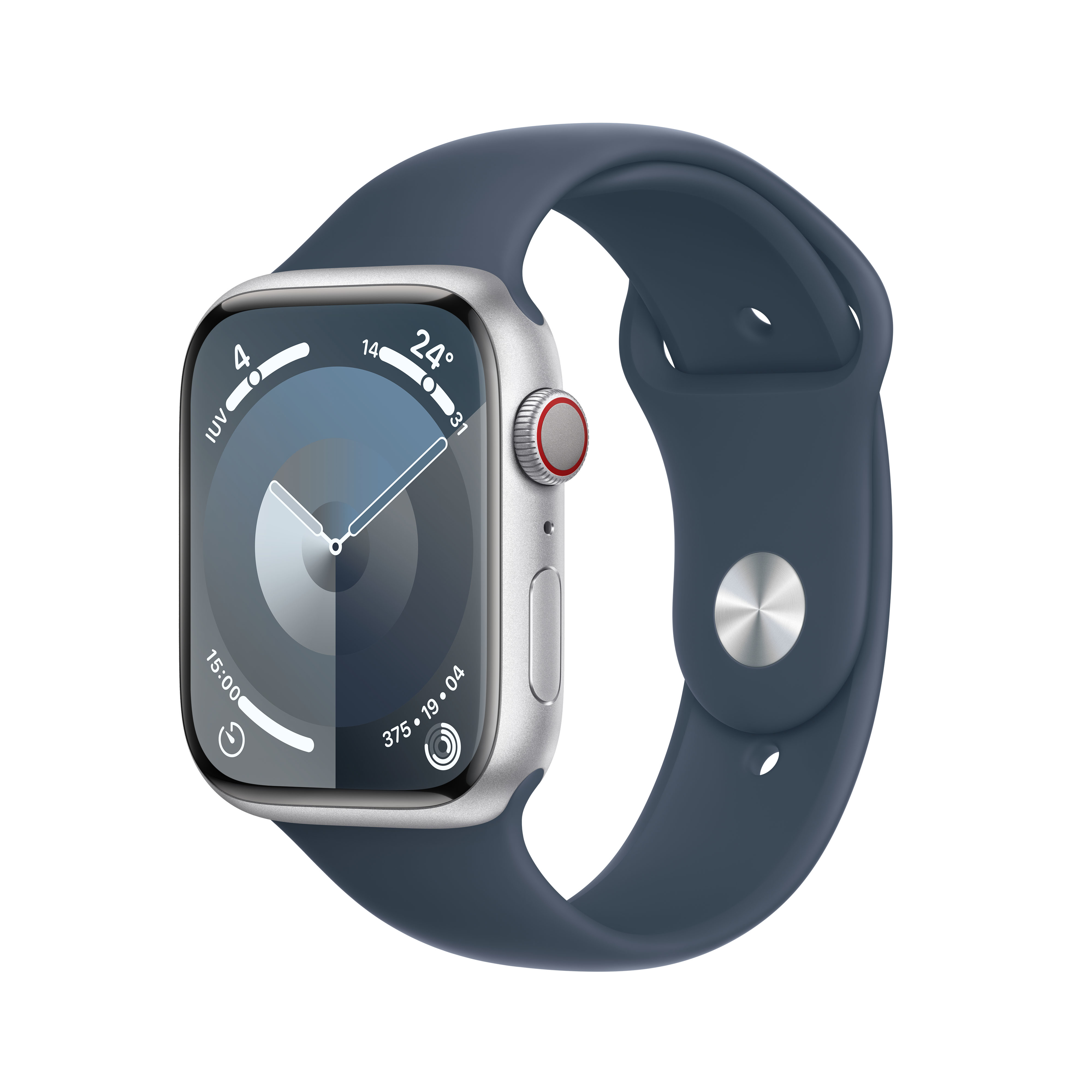 Smartwatch Apple Watch Series 9 GPS + Cellular 45mm Silver Aluminium Case com Storm Blue Sport Band  (S/M)