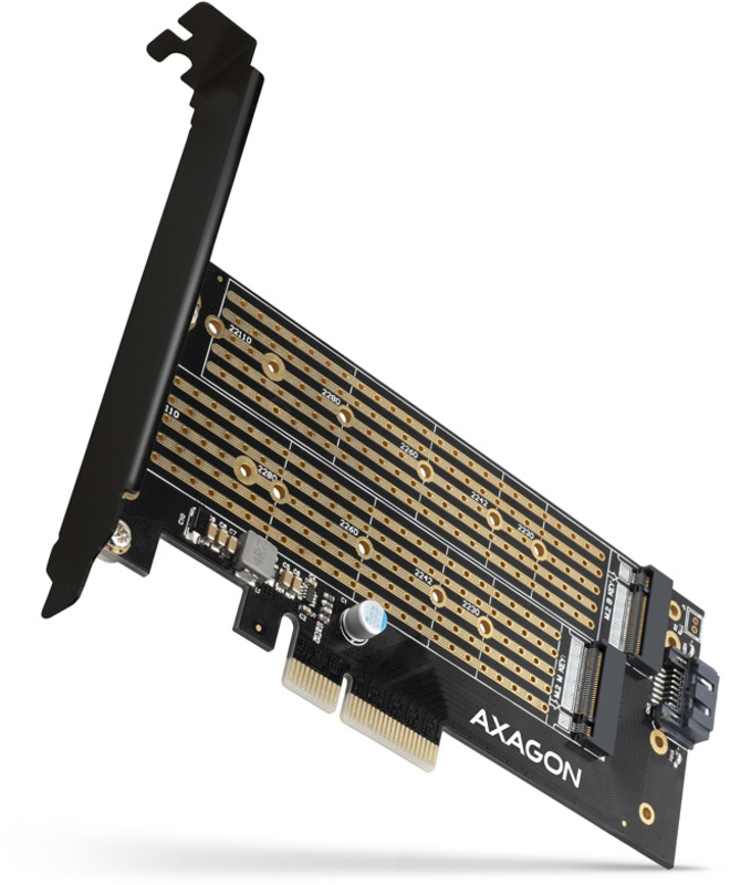 Adaptador PCIe-3.0 AXAGON PCEM2-D, 1x M.2-NVMe, 1x M.2-SATA com cooler passivo