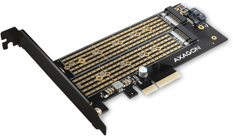 AXAGON - Adaptador PCIe-3.0 AXAGON PCEM2-D, 1x M.2-NVMe, 1x M.2-SATA com cooler passivo