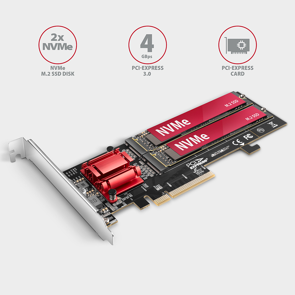 AXAGON - Adaptador PCIe 3.0 AXAGON PCEM2-ND 8x - dual M.2 NVMe M-key SP & LP