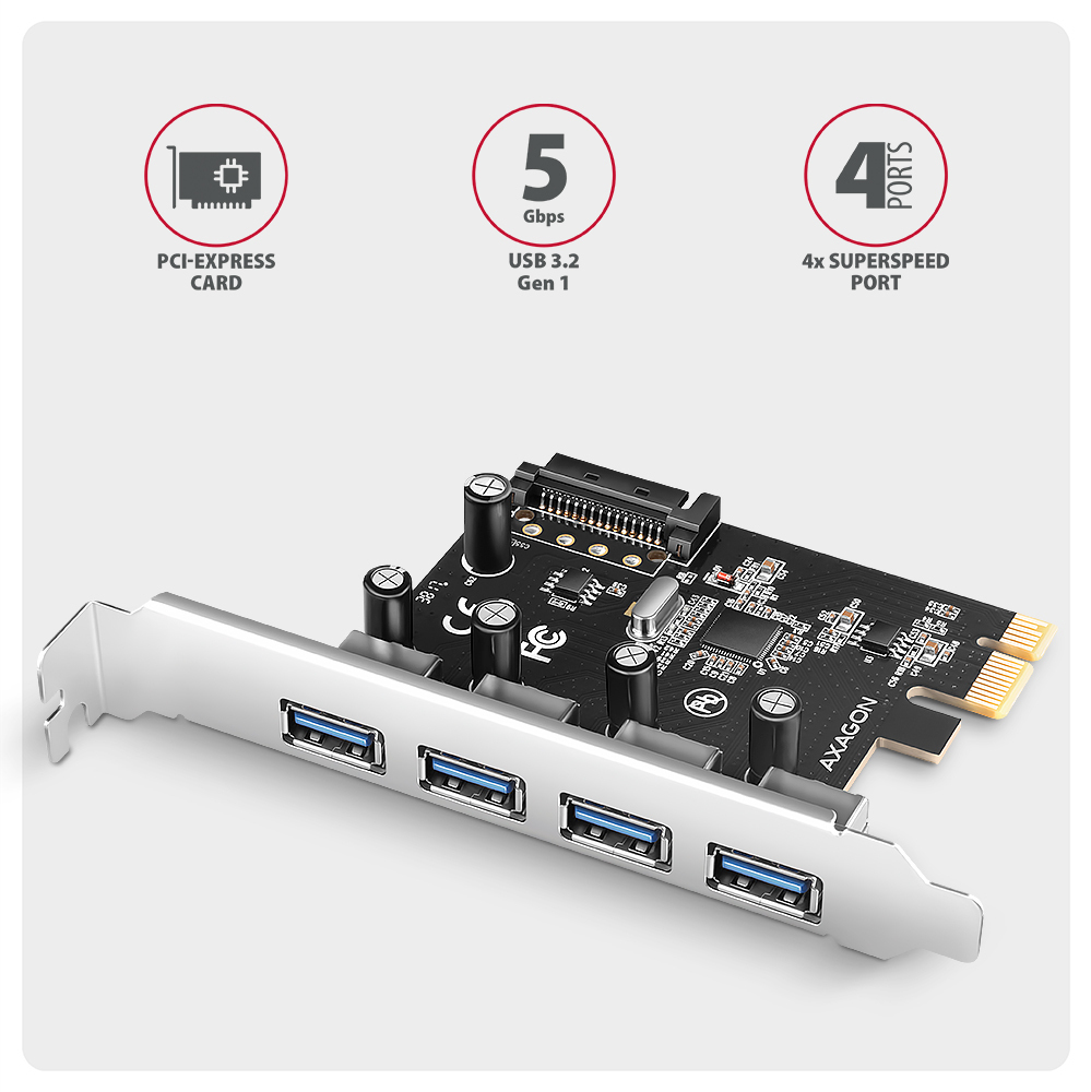 AXAGON - Adaptador PCIe AXAGON PCEU-43RSA - 4x USB 5Gbps port, SATA power