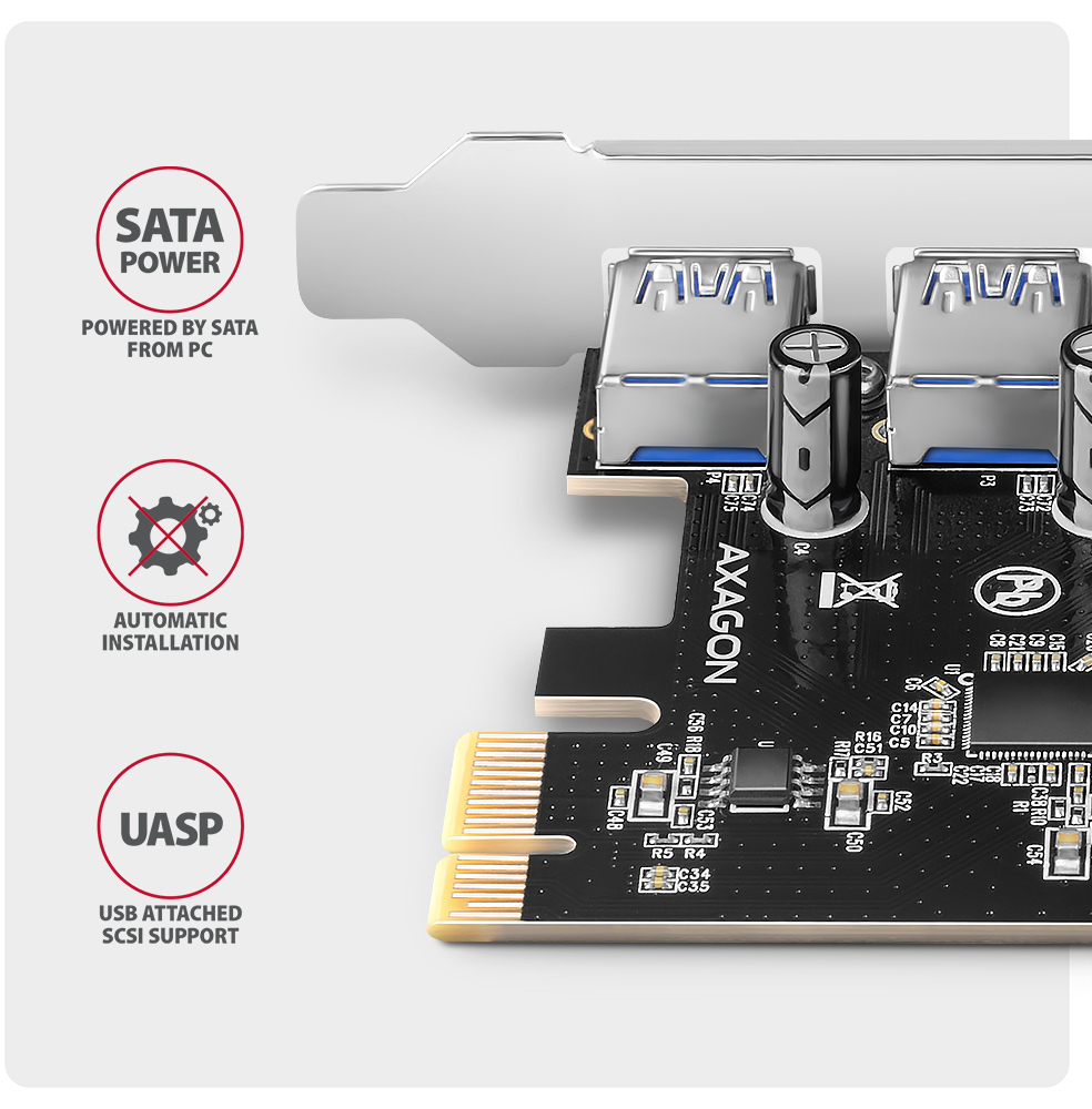 AXAGON - Adaptador PCIe AXAGON PCEU-43RSA - 4x USB 5Gbps port, SATA power