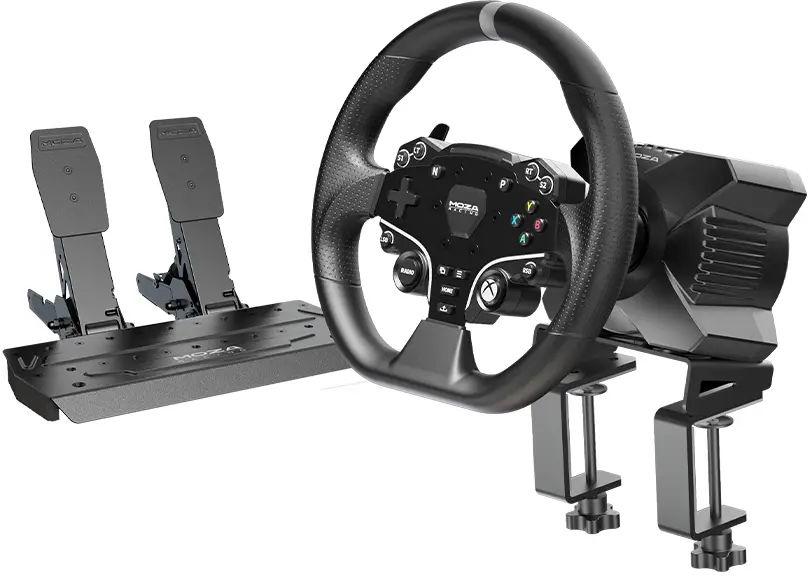 Conjunto MOZA Racing R3 Racing Simulator ( Base Volante R5 + Volante ES + Pedais SR-P + Suporte de Mesa R5)