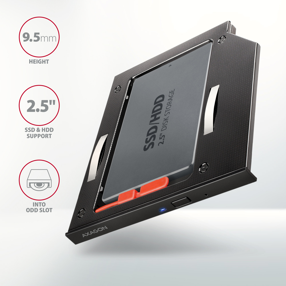 AXAGON - Adaptador Universal AXAGON RSS-CD09 2.5" SSD/HDD Caddy , 9,5 mm, LED, ALU