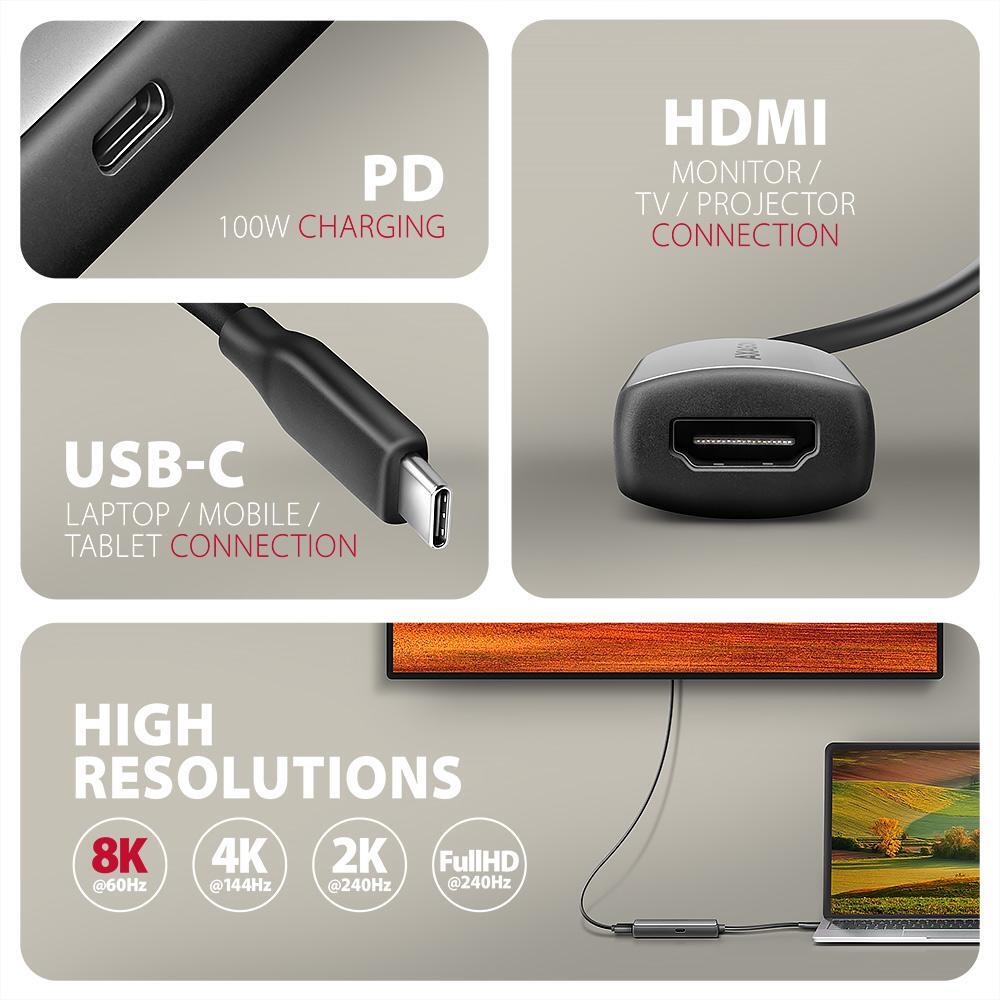 AXAGON - Cabo AXAGON RVC-HI8KPD -> HDMI 2.1 adapter 8K/60Hz  4K/144Hz Aluminum, 1,8m