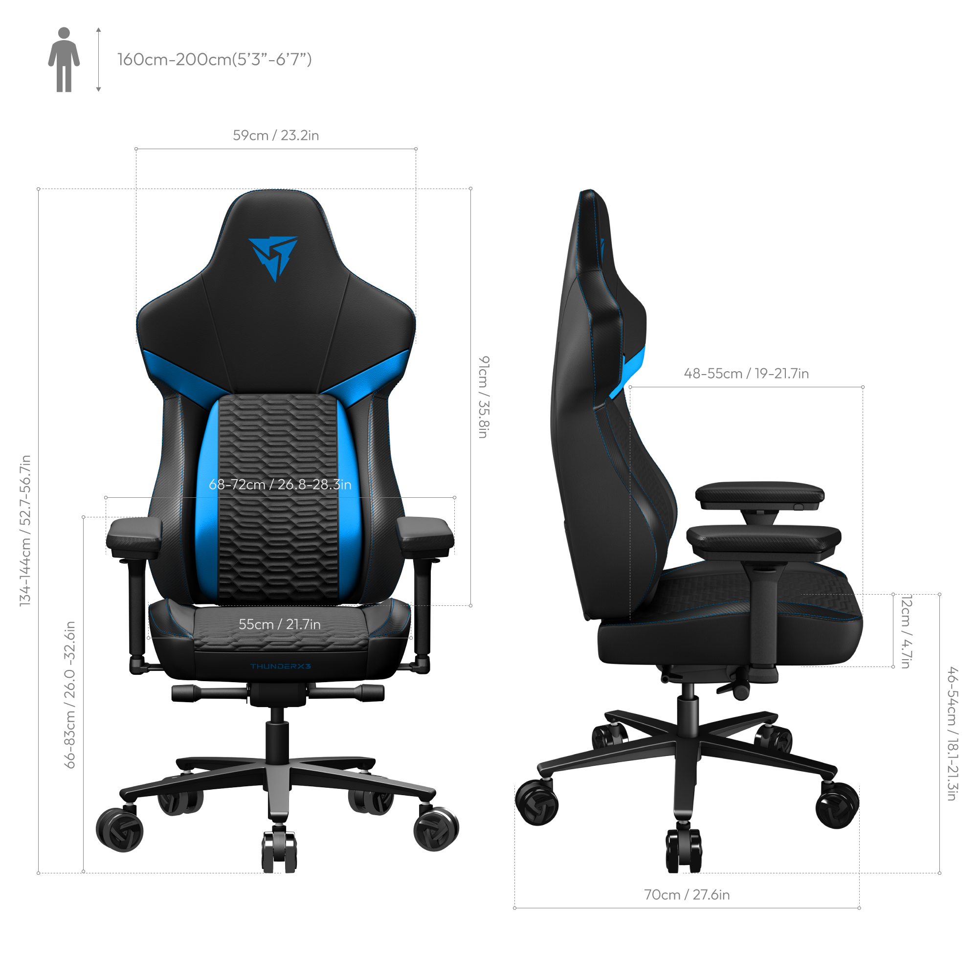 ThunderX3 - Cadeira Gaming ThunderX3 Core, Apoio lombar 360 graus - Racer Blue