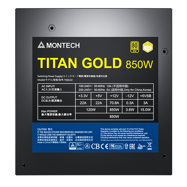 Montech - Fonte Modular Montech Titan 850W 80 PLUS & Cybenetics Gold, PCIe 5.0 ATX 3.0 Ready