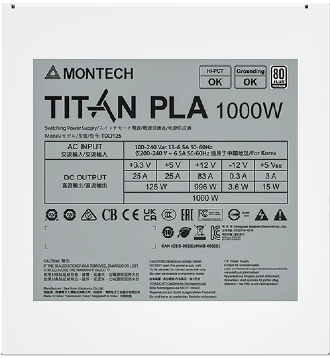 Montech - Fonte Montech Titan PLA 1000W 80 Plus Platinum PCIE5 (Cybenetics Platinum)