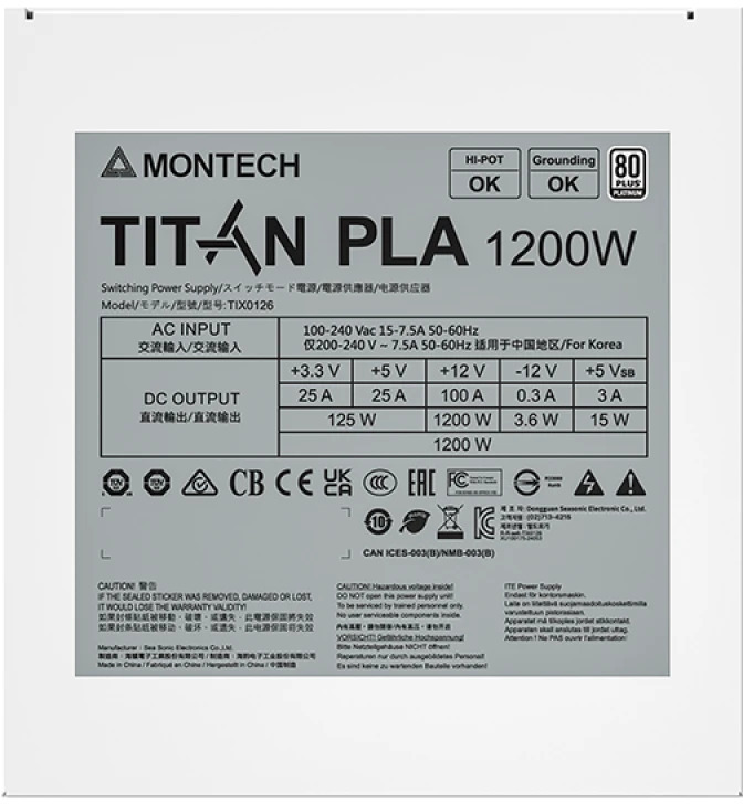 Montech - Fonte Montech Titan PLA 1200W 80 Plus Platinum PCIE5 (Cybenetics Platinum)