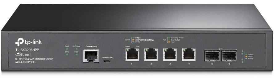 Switch TP-Link SX3206HPP JetStream 6 Portas (4Px 10GBase-T + 2Px 10GE SFP+ L2+ Managed Switch c/4 Portas PoE++)