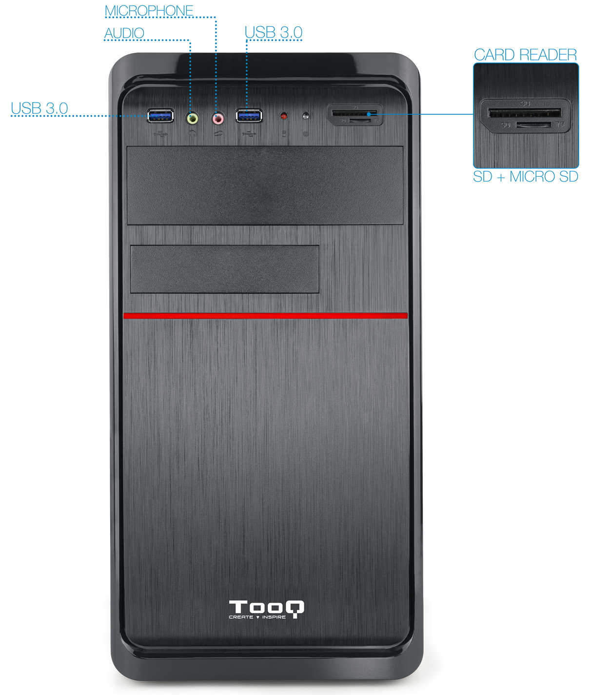 Tooq - Caixa Micro-ATX Tooq C/ Fonte 500W + Leitor de cartões + 2x USB 3.0 Preta