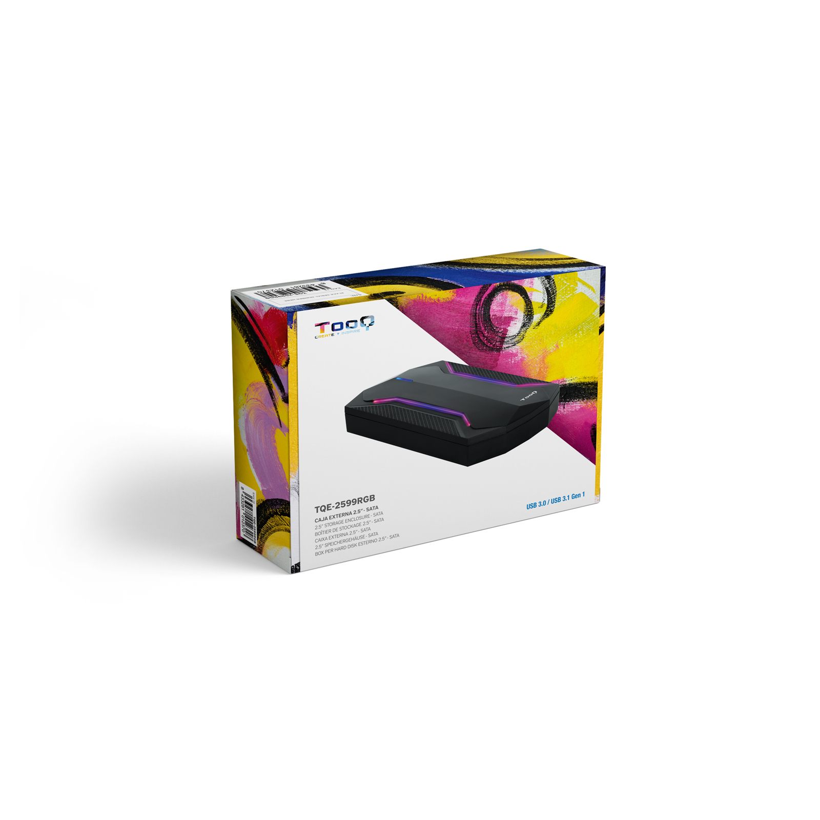 Tooq - Caixa HDD Gaming Tooq 2.5" SATA (9,5mm) Tool Less USB 3.1 Gen 1 Plug & Play Preto RGB