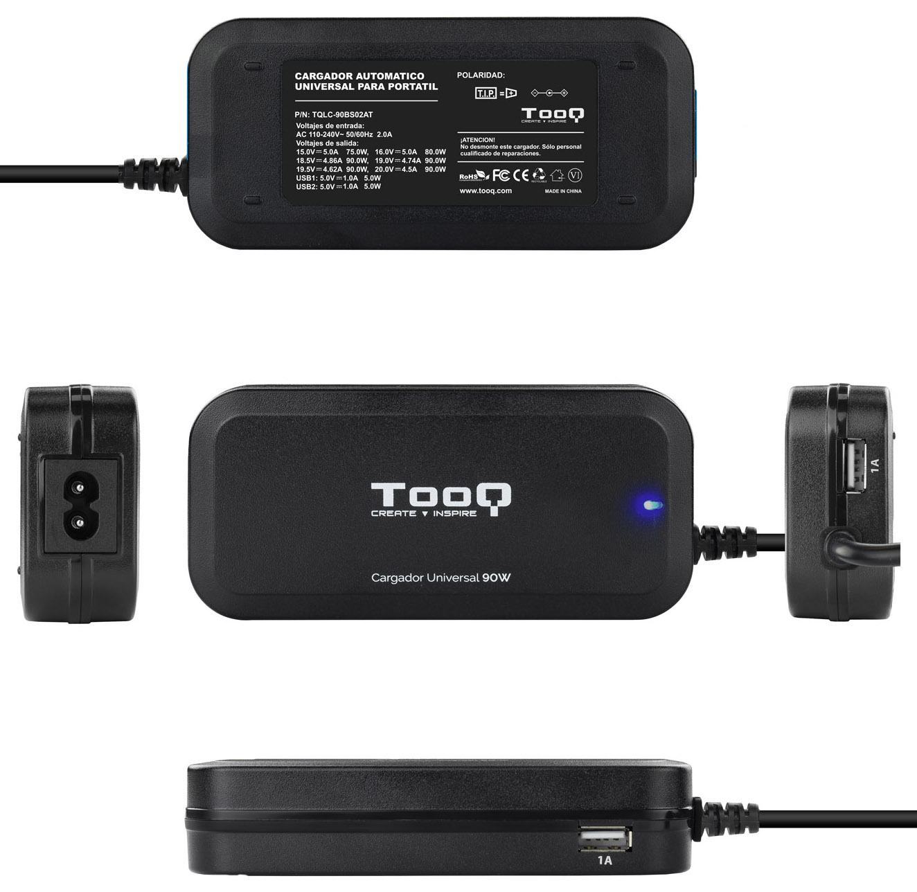 Tooq - Carregador de Portátil Tooq 90W 2x USB 12 Conectores Preto