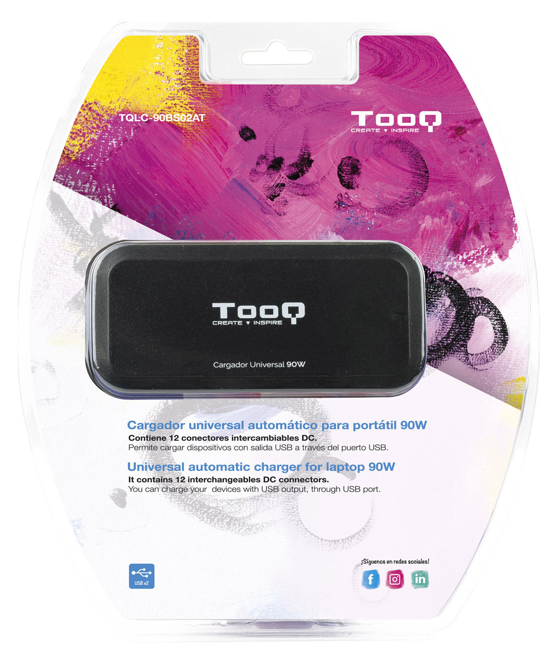 Tooq - Carregador de Portátil Tooq 90W 2x USB 12 Conectores Preto