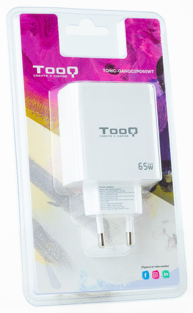 Tooq - Carregador GaN Tooq 2xUSB-C/PD 65W + USB-A/QC 65W