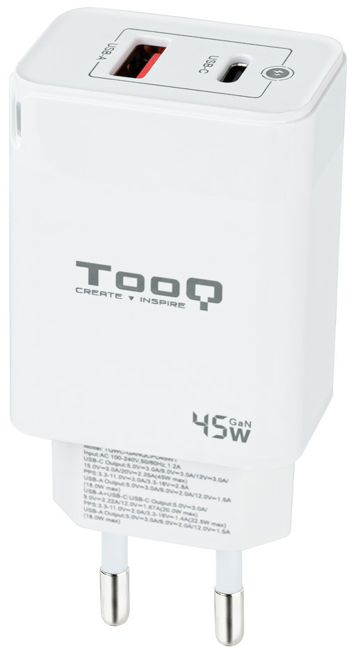 Carregador GaN Tooq USB-C/PD 30W + USB-A/QC 45W