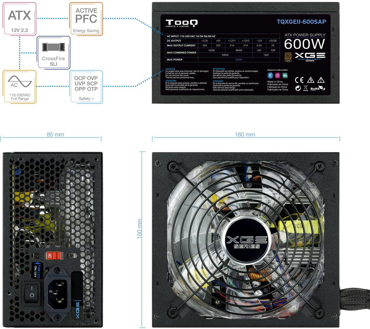 Tooq - ** B Grade ** Fonte de Alimentação Tooq Xtreme Gaming Energy II 600W 80+ Bronze c/LED