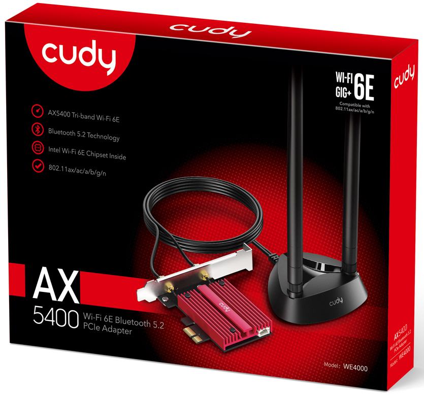 Cudy - Placa de Rede Cudy PCI Express WE4000 AX5400 Wi-Fi 6/6E Bluetooth 5.2